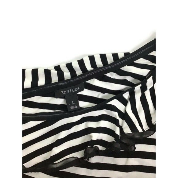White House Black Market Striped One Shoulder Ruffle Black & White Top - Picture 8 of 8